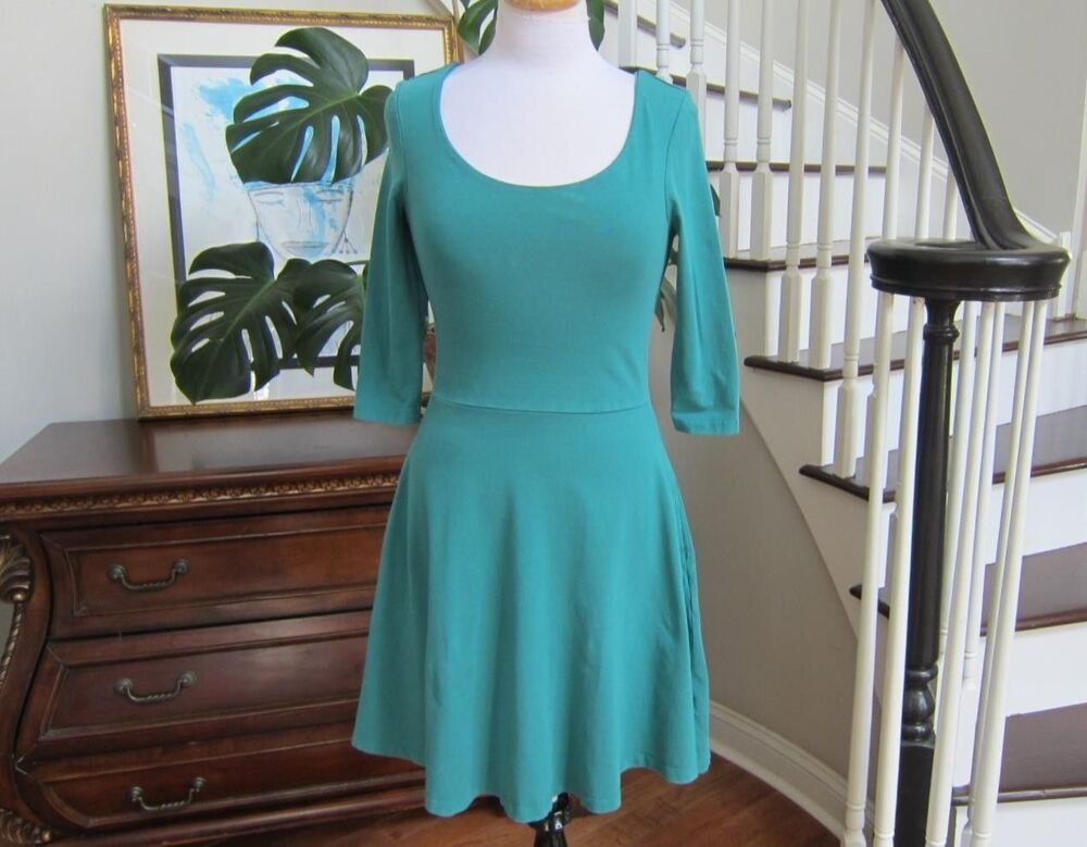 Pact Green Teal Fit and Flare Dress w/ Pockets Organic Cotton 3/4 Sleeve Size S
